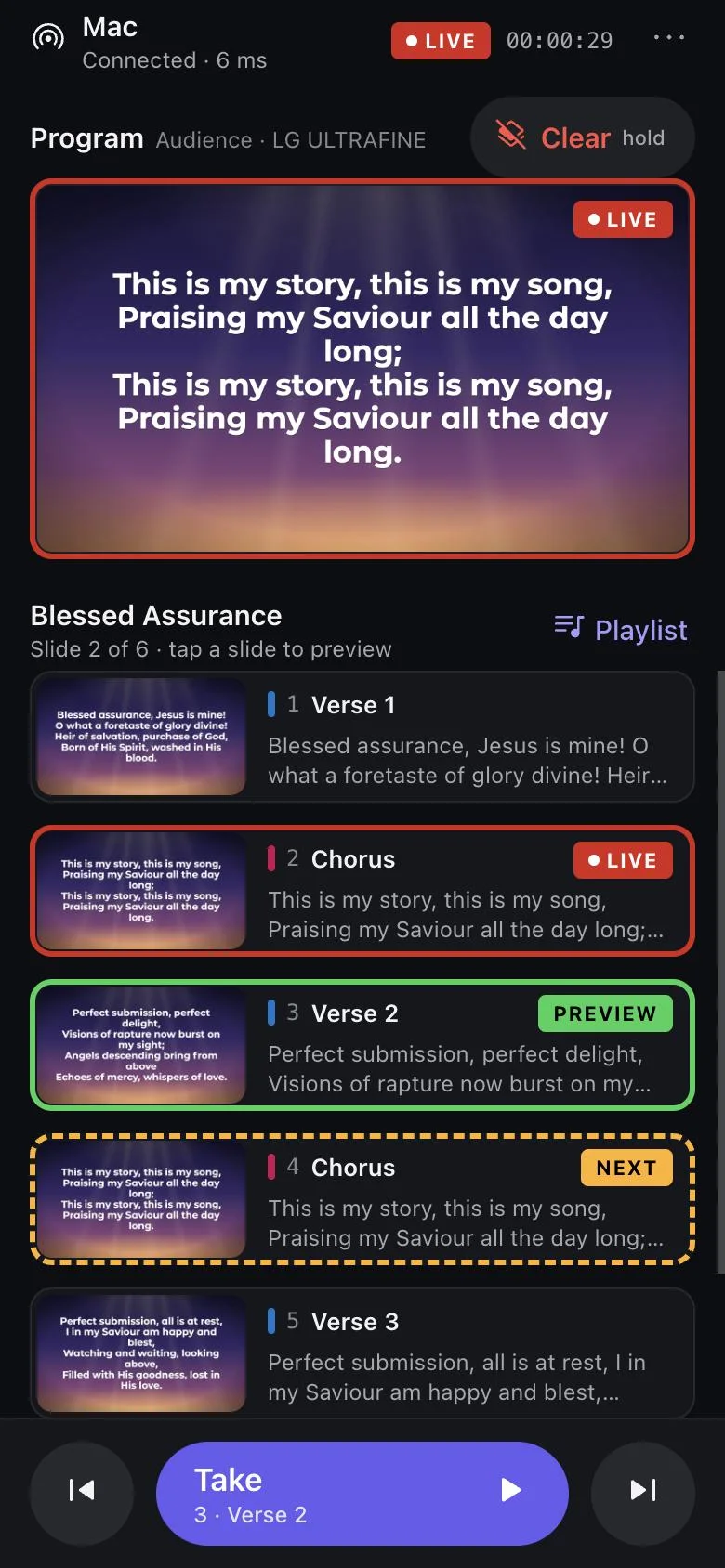 The phone remote showing the live chorus, the previewed verse and a Take button.